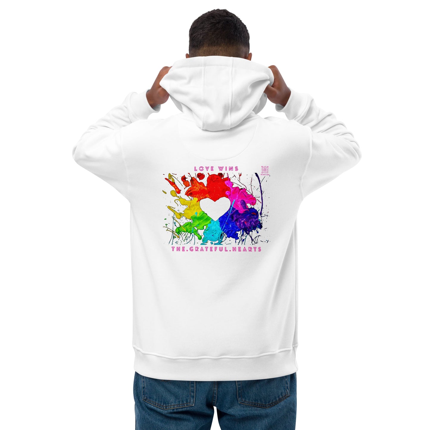 Love Wins - Heart Splash Premium Eco Hoodie (Available in Black & White) - The Grateful Hearts